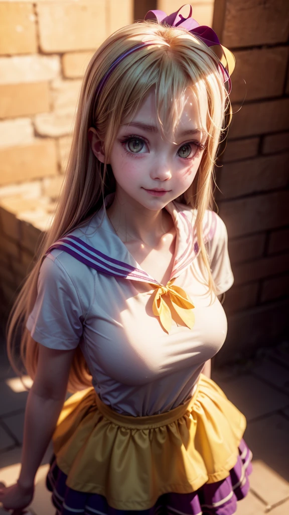 16k, highres, masterpiece, best quality, realistic, cinematic photo a very short girl, solo, (looking at viewer:1.2), high definition, 8K, detailed face, showing her breast,  (1girl, Hair Color/Style: long white hair with purple tint, straight, flowing strands, soft bangs framing the face, loose strands for a natural look
Eye Color: (golden yellow eyes:1.3) — regard lumineux et captivant, SHORTS hairclip, medium breasts,,smile)), ((Outfit: purple and white school uniform, sailor-style collar, yellow ribbon tied in a bow, layered skirt
Accessories: minimal, no visible jewelry or elaborate accessories
Pose: standing pose, slight tilt of the head, relaxed yet thoughtful demeanor
Expression: calm and introspective expression, slight melancholic undertone
Setting: urban evening scene, dimly lit brick wall in the background, subtle window light
Lighting and Atmosphere: soft evening glow, warm lighting from above, gentle shadows enhancing the character’s features))), luminous forest,((large breasts)), slim and thin, body of equal proportions, ((focus on her breast)), front view, four fingers and 1 thumb, ((2 hands)), Blonde hair, Beautiful smile, Smiling at viewer, blushing cheeks, (brown eyes:1.2),

