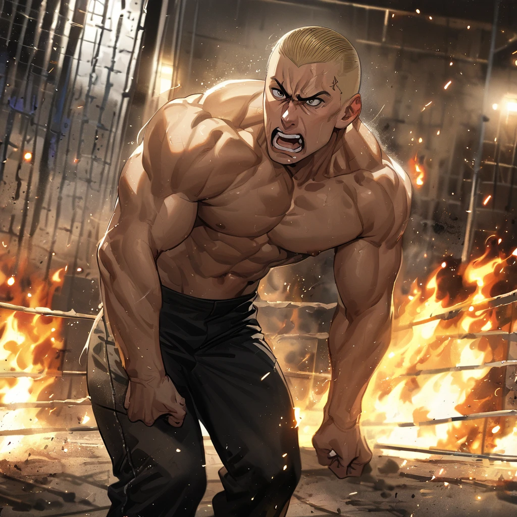 horikoshi kouhei, 1boy, absurdres, bakugou katsuki, bare shoulders, screaming in anger, flexing his muscles, posed on top of a building, explosion, motion blur, building ruins in background, fire, dark, cars in background, on fire, black tank top, blonde hair, blurry, blurry background, boku no hero academia, chama kou, highres, looking away, male focus, muscular, muscular male, open mouth, red eyes, short hair, spiked hair, sweat, tank top
<lora:horikoshi_kouhei-000030:0.5>