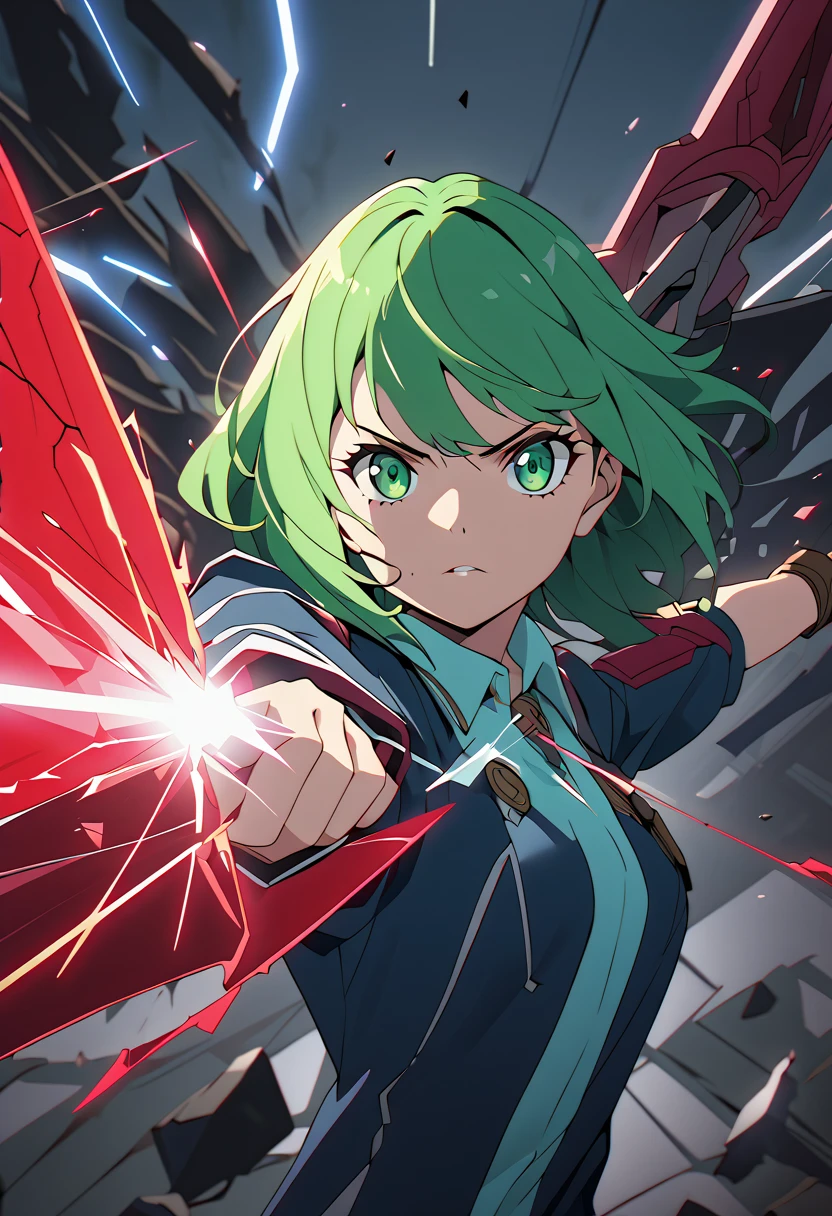 Create an anime-style illustration featuring a close-up of a determined young woman with striking green eyes. She is pointing a futuristic weapon directly at the viewer, with the barrel aligned centrally. The scene captures the moment of impact, with a dramatic, shattered glass effect radiating from the weapon's barrel. The color palette is a dynamic blend of vivid reds, blues, and golds, creating an intense and energetic atmosphere. The lighting is sharp and contrasts with the deep shadows, emphasizing the character's focused expression and the intricate details of her weapon and attire. Her outfit is a modern, stylized version of a traditional school uniform, incorporating futuristic elements. The overall mood is tense and action-packed, reminiscent of a high-stakes anime battle scene.