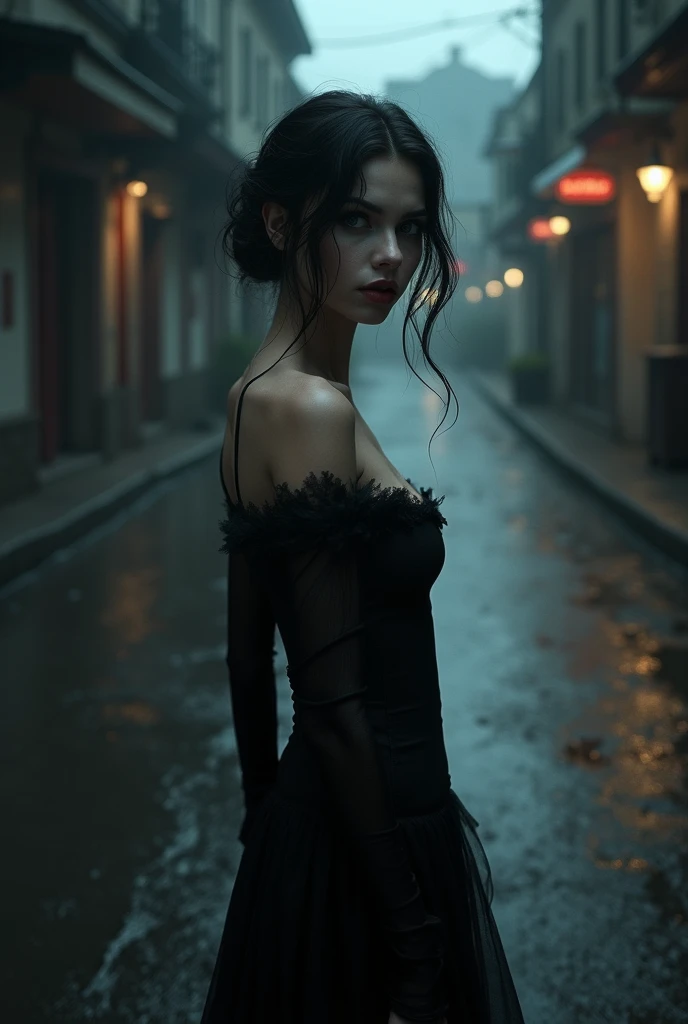 (RAW shooting, Photoreal:1.5, 8K, highest quality, masterpiece, ultra high resolution), perfect dynamic composition:1.2, Night street corner of a 18th century
Gothic city, expression of sadness:0.5, (((Typhoon heavy rain))), Highly detailed skin and facial textures:1.2, beautiful vintage vampire in stocking: 1.3, Fair skin, evocative beauty:1.1, perfect style:1.2, beautiful and aesthetic:1.1, very beautiful face, water droplets on the skin, (rain drips all over my body:1.2, wet body, wet hair:1.4), (Wet transparent stockings:1.2, wet white transparent stockings:1.3, wet breasts:1.3), belt, (Medium chest, breasts is sheer, Chest gap), (cry, lovelorn, The expression on your face when you feel intense caress, Facial expression when feeling pleasure), (beautiful blue eyes, Eyes that feel beautiful eros:0.8), (erotic:1 Bewitching:0.9), cowboy shot