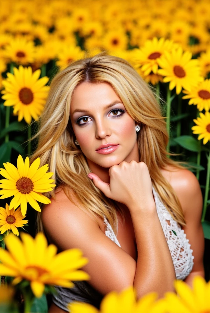 A young woman, reminiscent of Britney Spears, reclines on a field densely packed with vibrant, artificial sunflowers of varying sizes and shades of yellow, orange, and red.  The woman is wearing a light, pale blue, slightly oversized, knitted sweater with a ruffled neckline, lying peacefully amongst the sunflowers;  depict the scene with a shallow depth of field emphasizing the woman's form and the textures;  with an outdoor setting, golden hour lighting,  a soft focus lens effect, and a color grading that brings out the warmth and vibrancy of the sunflowers while retaining a natural touch to the skin tones and clothes; use 8k resolution, photorealistic style, high detailed lighting, fine focus, and a classic outdoor autumn aesthetic reminiscent of studio portraiture. Britney Spears. Britney.