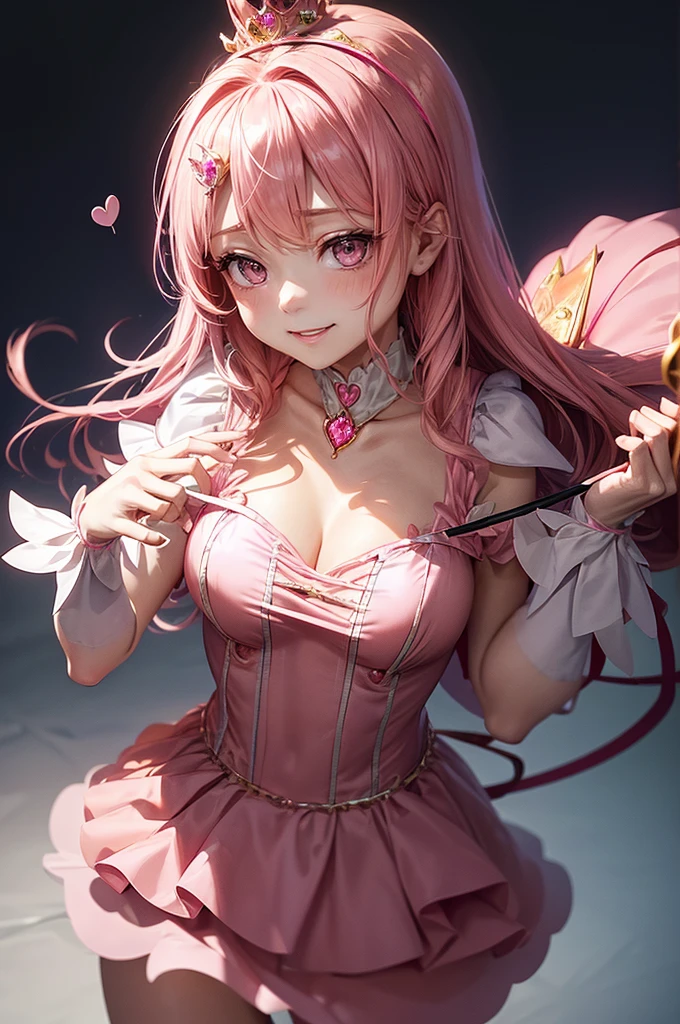 Pirouetta has pale pink eyes with tiny hearts at the corner. She wears glittery pale pink eye-shadow and lipstick with fuchsia at the center of her lips to form a heart. Her pink and gold streaked hair is worn in a large bun with a segment pulled to the left of her face and straight cut bangs, held by a hot pink lace ribbon. She wears a pale pink detailed bodice with pale pink sleeves trim by hot pink ruffles to accent her glittering tutu, which has glittery pink layers beneath it and a ribbon on the back. She also wears a pale pink choker, pale pink tights, and pink ballerina slippers. SPARKLE; GLITTER