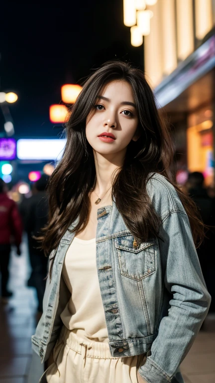 realistic, ultra detailed, whole body photo display, a 23 year old girl, wearing a casual jacket and baggy pants,  naughty expression, no makeup, bare face, beautiful face, sweet face, hands 1:3, ((small breast, perfect round :1.1)), perfect color grade, shot taken from far away, 1girl, (hdr, hyperdetailed :1.2), (8k, detailed skin :1.3), highly detailed face texture 1:1, sexy pose, bokeh, rule of third, soft lightning, petite, inside mall background :1.1, standing in the middle of crowd people :1.1, 