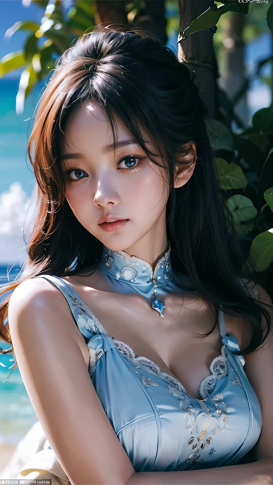 (masterpiece), ( top notch ), ( High Quality Details), (illustration), (1 woman),  look at the viewer and focus on the , (Interview),  beautiful and detailed eyes ,  delicate and beautiful face , Floating , (High saturation), (shining),  blue sky, Bright and beautiful face,  skin is young and radiant , 공정하고 shining, Best appearance , Very beautiful,  big eyes shine with clear sky blue light,  beautiful and amazing beautiful girl ,