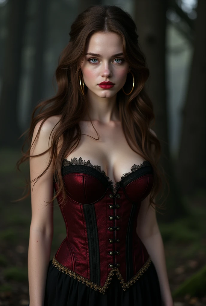 A beautiful redheaded Asian young girl, intricate gothic black 1860's dress and corset, extremely long, smooth, extremely silky hair, very large breasts, detailed lingerie, many silver chains, moon light, dark gothic makeup, dramatic lighting, rich colors, extremely detailed, 1890s clothes, magical fantasy atmosphere, concept art, panorama, high resolution, Lengerie, detailed face with beautiful eyes and lips, photorealistic, fantasy, dark academia, 1890, dramatic lighting, rich colors, red hair, intricate details, dark girl, long very very very silky hair, lengerie elegant elf dress, very big tits, dense forest, no sunlight, detailed face and eyes,(best quality,4k,8k,highres,masterpiece:1.2),ultra-detailed, 1890 clothes (realistic,photorealistic,photo-realistic:1.37),magical fantasy atmosphere,fantasy,concept art