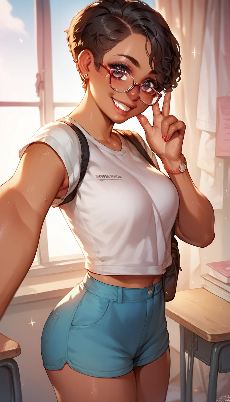 A girl of normal height,  tanned girl dressed like a student,   Using a ponytail ,  smiling,  short hair, black and curly , big ass and medium breasts looking from the front (( wearing glasses 