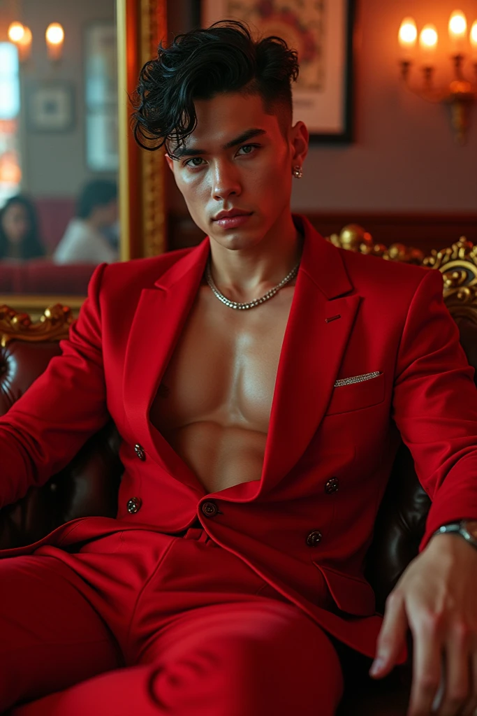 HD quality, high definition,male 18 years old handsome, muscular and slim, red lips, leaning against a balcony rail, (exposed vagina), model with bracelets, earrings and Necklace, wearing head band and sunglasses, open vest, full sexy body , exposed vagina