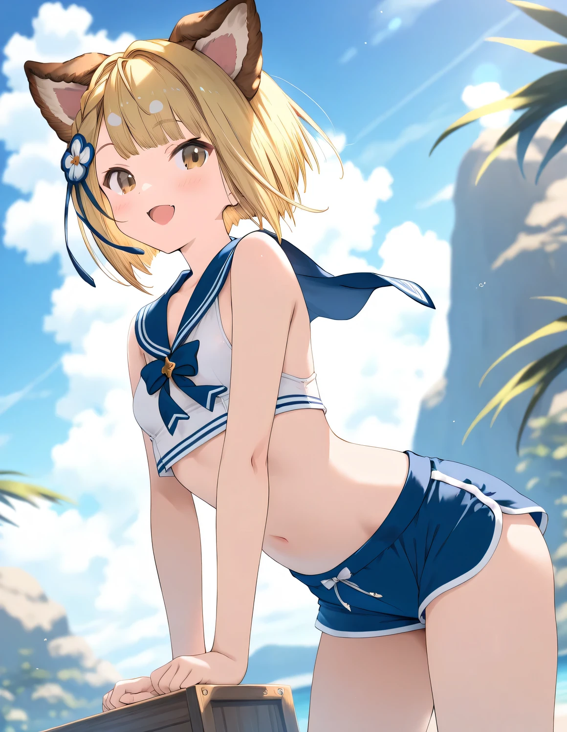 1girl, vajra_(granblue_fantasy), little female, short hair, blonde hair, dog ears, brown eyes, beautiful detailed eyes, small breasts,sailor crop top, bikini shorts, open mouth, outdoors, wind, game CG break,((artist:shida_kazuhiro)),(artist:mitsumi_misato),(artist:fujiyama),,(masterpiece), (best quality), (ultra-detailed), very aesthetic, newest, beauty illustration,super detailed skin,  (masterpiece), (best quality), (ultra-detailed), very aesthetic lighting,hi res,absurd_res,2023,2024,(shaded),digital media (artwork), realistic lighting, 4k, 8k,