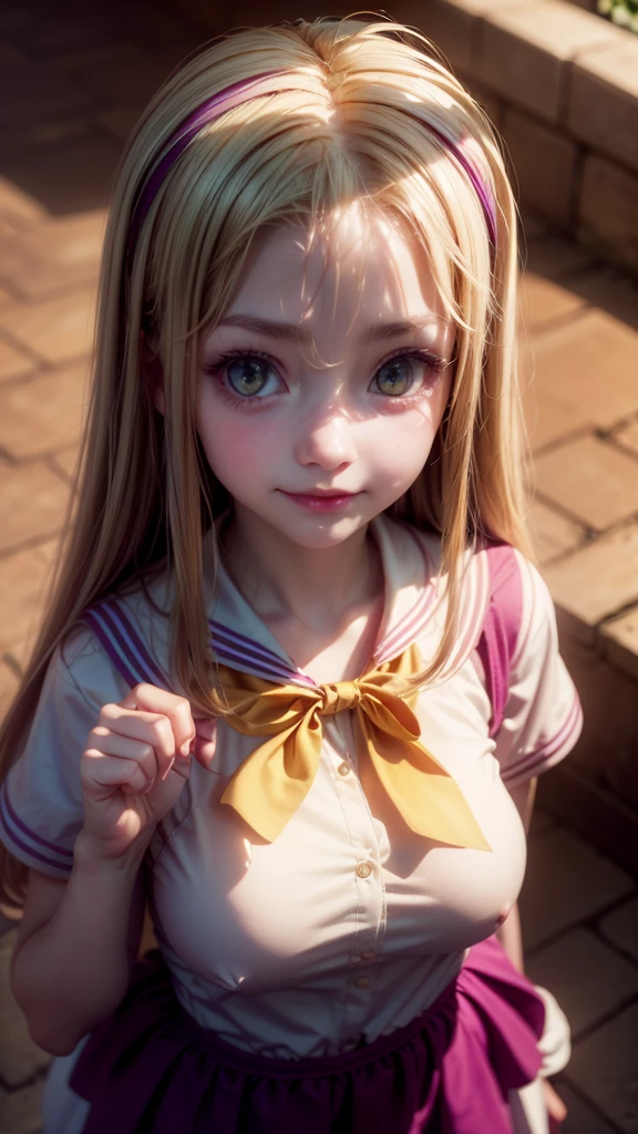 16k, highres, masterpiece, best quality, realistic, cinematic photo a very short girl, solo, (looking at viewer:1.2), high definition, 8K, detailed face, grabbing her breast, showing her breast,  (1girl, Hair Color/Style: long white hair with purple tint, straight, flowing strands, soft bangs framing the face, loose strands for a natural look
Eye Color: (golden yellow eyes:1.3) — regard lumineux et captivant, SHORTS hairclip, medium breasts,,smile)), ((Outfit: purple and white school uniform, sailor-style collar, yellow ribbon tied in a bow, layered skirt
Accessories: minimal, no visible jewelry or elaborate accessories
Pose: standing pose, slight tilt of the head, relaxed yet thoughtful demeanor
Expression: calm and introspective expression, slight melancholic undertone
Setting: urban evening scene, dimly lit brick wall in the background, subtle window light
Lighting and Atmosphere: soft evening glow, warm lighting from above, gentle shadows enhancing the character’s features))), luminous forest,((large breasts)), slim and thin, body of equal proportions, ((focus on her breast)), front view, four fingers and 1 thumb, ((2 hands)), Blonde hair, Beautiful smile, Smiling at viewer, blushing cheeks, (brown eyes:1.2),

