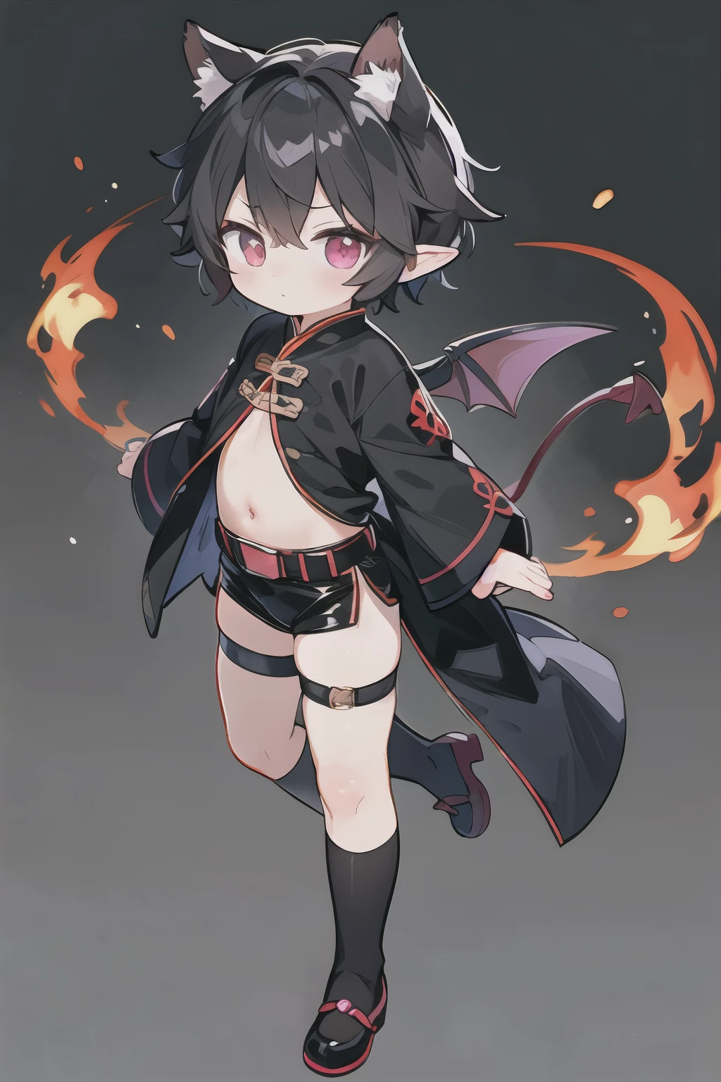 Black Hair，Heterochromia，boy， black tights，Red belt wrapped ，Black Silk，魔王boy， Shota，Cute and handsome， with a cold expression，Elf ears， open black plastic clothes ，Leg strap，Full body display，细节,长着demon角， Pink Eyes ， Pink Eyes ，demon，