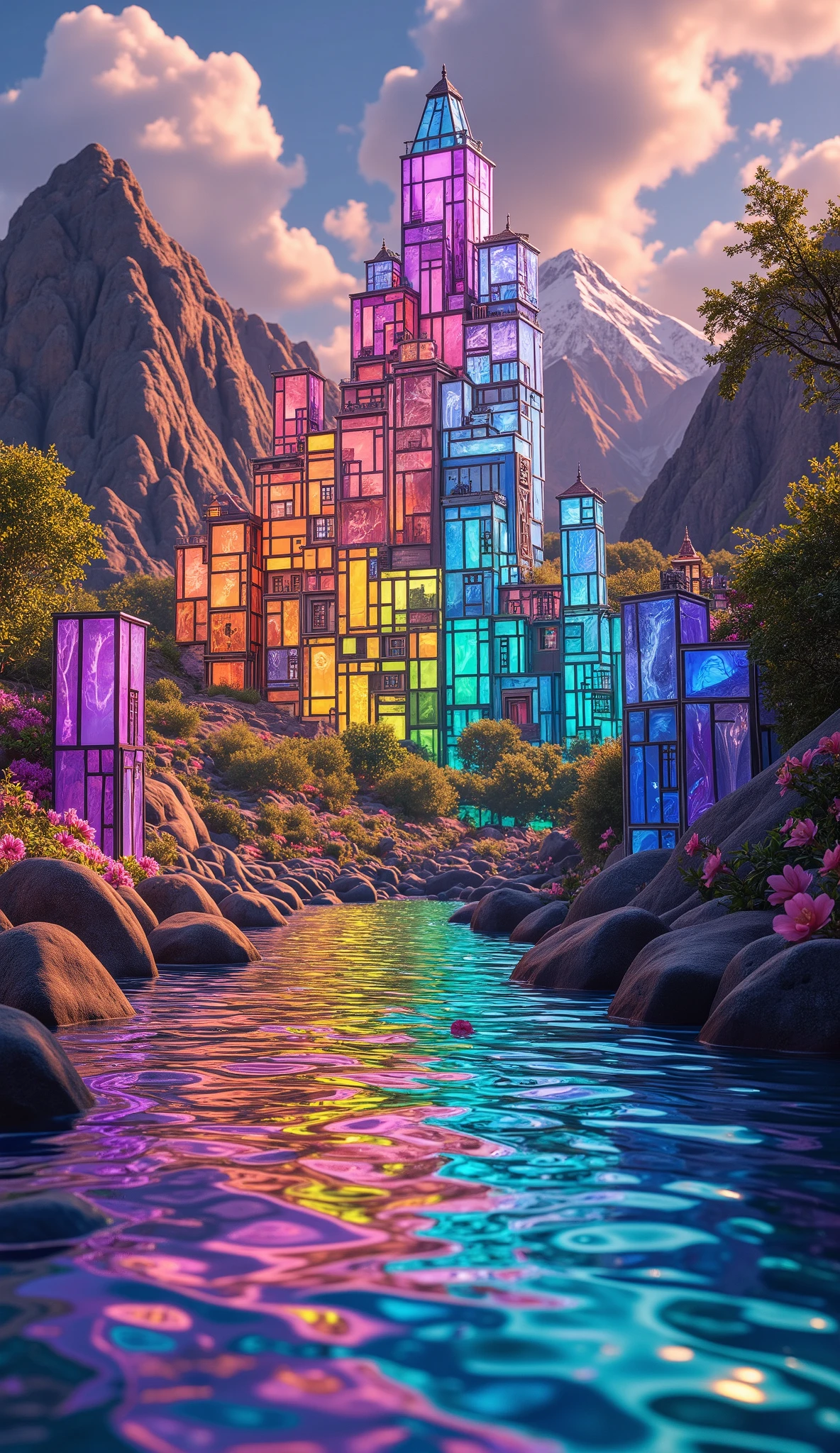 (masterpiece:1.2, best quality, ultra high resolution, Very detailed, best illustrations),8k, wallpaper,The city reflected on the surface of the water,(A city composed of stained glass moving to the surface of the water:2.0),( Isometric 3D Illustration :2.0), STYLISH,( Rainbow Colors :2.0)