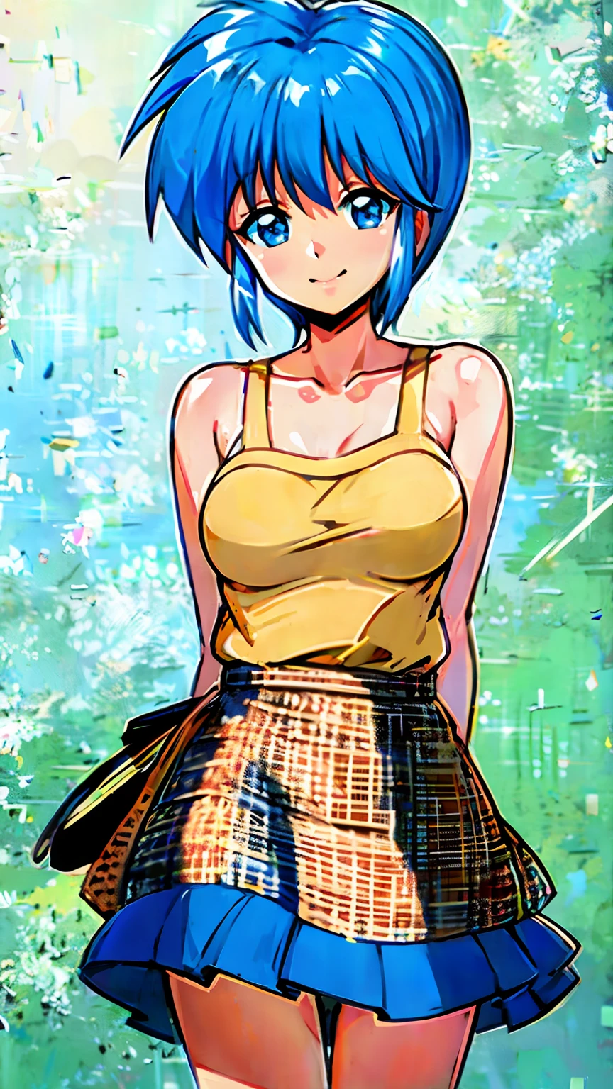 ( best quality , 8k, 32K, masterpiece,  ultra high resolution:1.2),  blue hair,  Shorthair, Saki Nijino, smile, fine, Full Strength, guts , sweat , kawaii, Eros,  miniskirt, Naughty expression, Nipple erection,  no panties