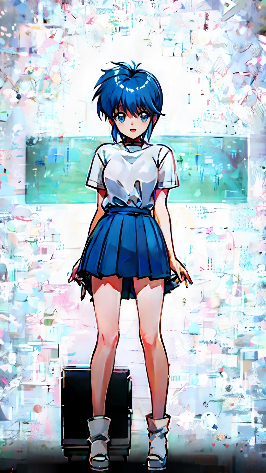 ( best quality , 8k, 32K, masterpiece,  ultra high resolution:1.2),  blue hair,  Shorthair, Saki Nijino, smile, fine, Full Strength, guts , sweat , kawaii, Eros,  miniskirt, Naughty expression, Nipple erection,  no panties