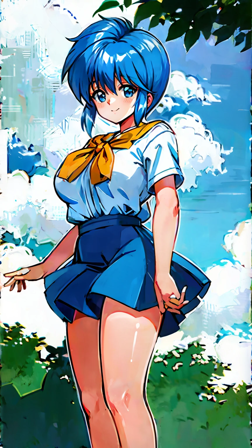 ( best quality , 8k, 32K, masterpiece,  ultra high resolution:1.2),  blue hair,  Shorthair, Saki Nijino, smile, fine, Full Strength, guts , sweat , kawaii, Eros,  miniskirt, Naughty expression, Nipple erection,  no panties