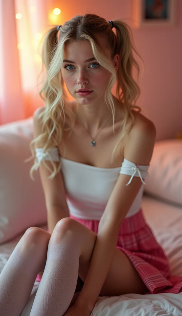 masterpiece, Best Quality, 8k, full body, 1 innocent and slim Russian Scandinavian teenager, with pale and smooth skin, silver blonde hair, messy hair, flat chest, real skin, beautiful skin, beautiful face, natural lighting, blue eyes, pink lips parted, soaked skin, flat chest. full-body, full_body, barefoot, laying on the bed, opening your legs, dressed in a pink skirt, and a white top, posing sexy