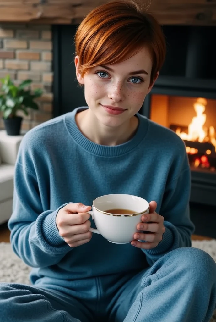 feminine figure, redhead, freckles, best quality, realistic skin texture, photography, detailed facial features, film grain texture and high contrast, extremely high-resolution details, photographic, photorealistic, hyper-realistic, HDR, masterpiece, ((very short pixie style hair)), thin waist, wide hips, sitting in front of the fire in the living room enjoying a cup of hot tea, wearing a blue sweater and sweatpants