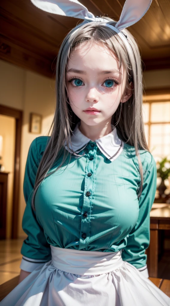 16k, highres, masterpiece, best quality, realistic, cinematic photo a very short girl, solo, (looking at viewer:1.2), high definition, 8K, detailed face,hideri kanzaki, long hair, bow, (green eyes:1.3), hair bow, grey hair, male focus, hairband, black hairband, otoko no ko, (forehead:1.2),long hair, silver/gray hair, (blue eyes:1.3), ribbon hair ornament, bunny ears-style ribbon, maid outfit, gloves, frilled shirt, green blouse, apron, timid expression, indoor setting, natural light, soft colors、((Big Breasts:1.2))、rocket , （The body is slim），