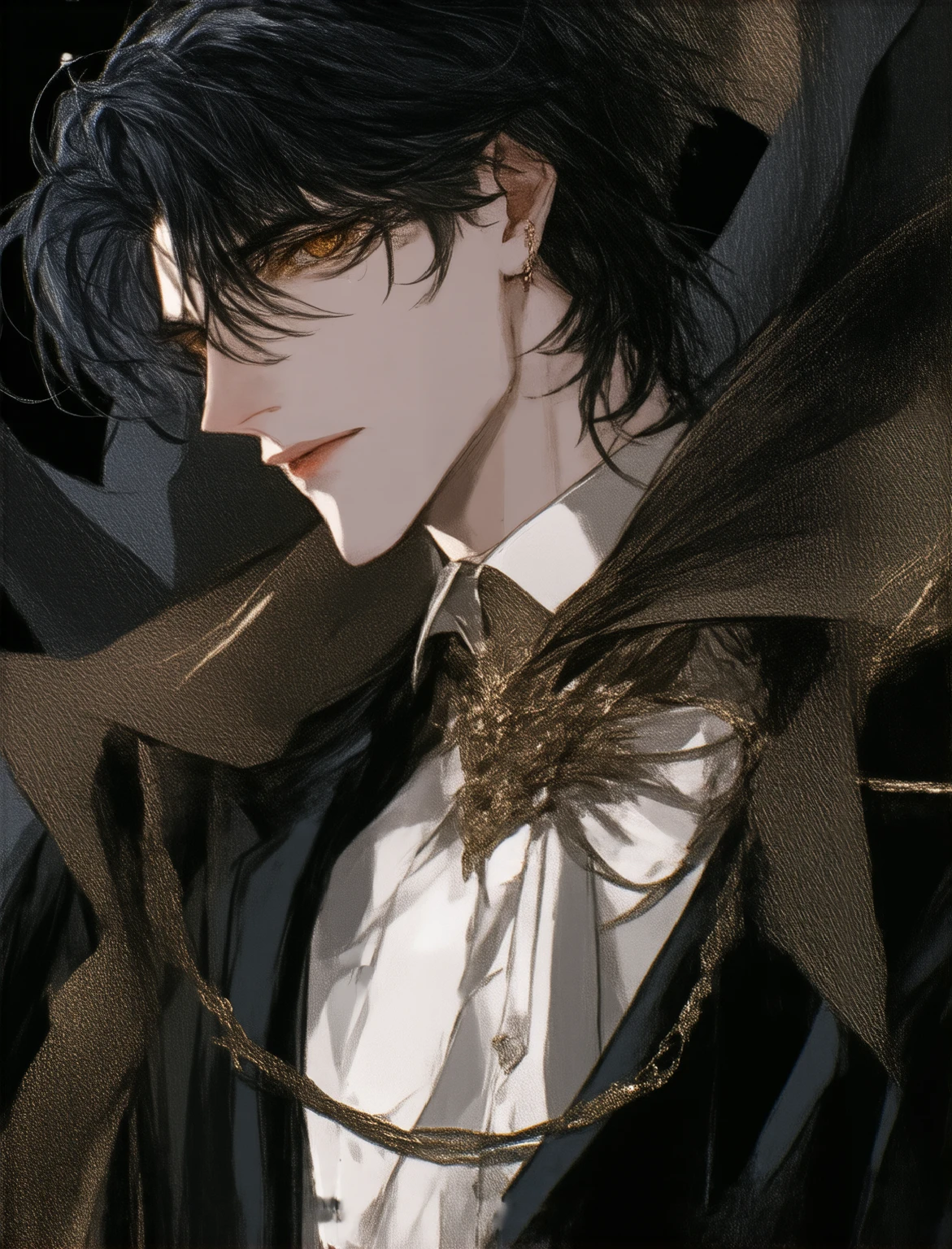 male,  Smooth flowing hair with slight waves , Radiant golden eyes, Sleek nose , Thick, red lips ,  Sleek and slim face ,  Smooth pale skin ,  Gorgeous clothes decorated with gold and jewels ,  Old-fashioned and threatening coercive atmosphere ,  Very aristocratic appearance with distinct features ,  Strong body with tight muscles, relatively thin waist, and large pelvis ,  Dark blue-black hair {x} Smooth flowing hair with slight waves {x} An old and elegant white shirt {x} A silver coat and luxurious decorations.