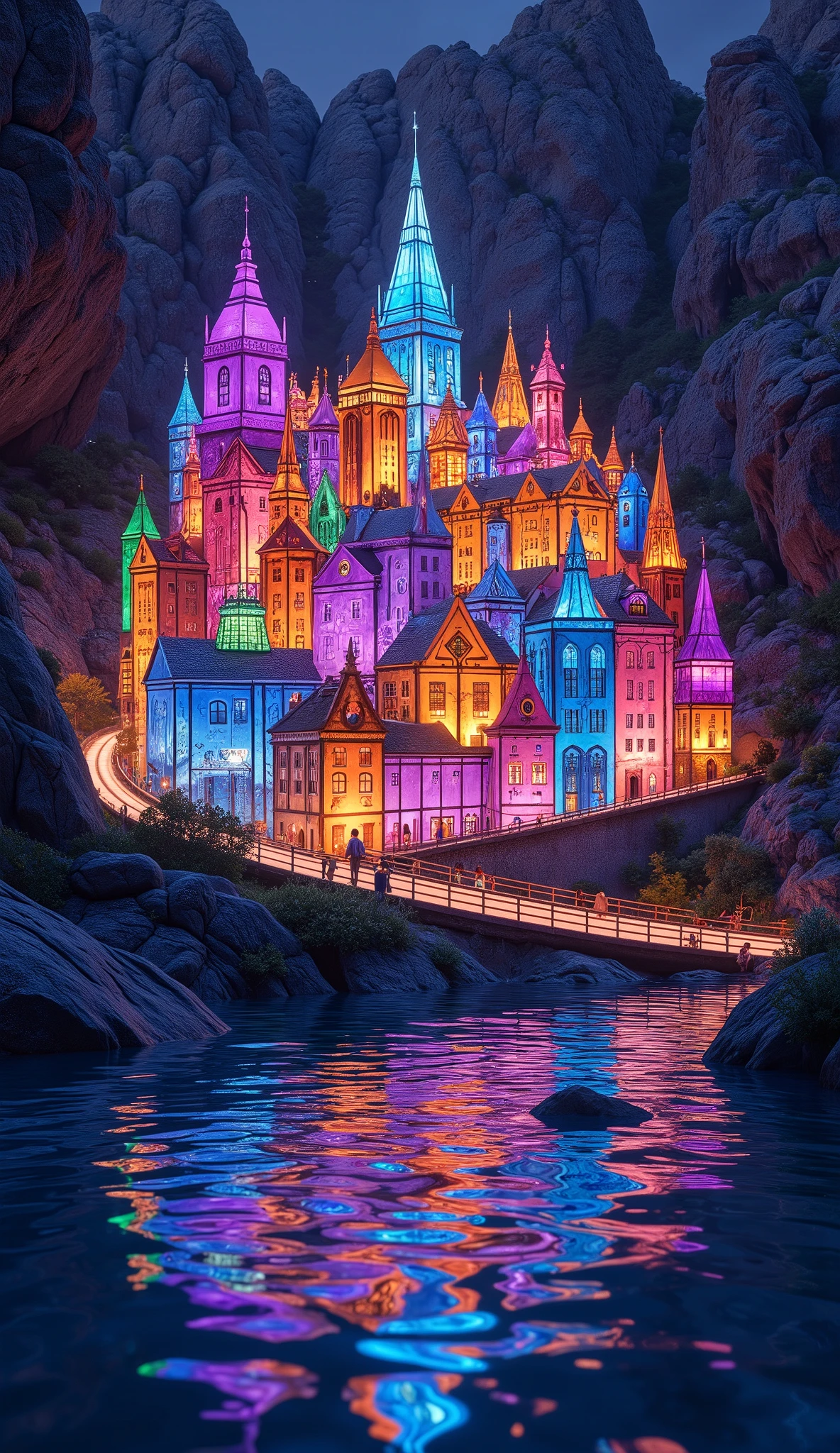 (masterpiece:1.2, best quality, ultra high resolution, Very detailed, best illustrations),8k, wallpaper,The city reflected on the surface of the water,(A city composed of stained glass moving to the surface of the water:2.0),( Isometric 3D Illustration :2.0), STYLISH,( Rainbow Colors :2.0),night