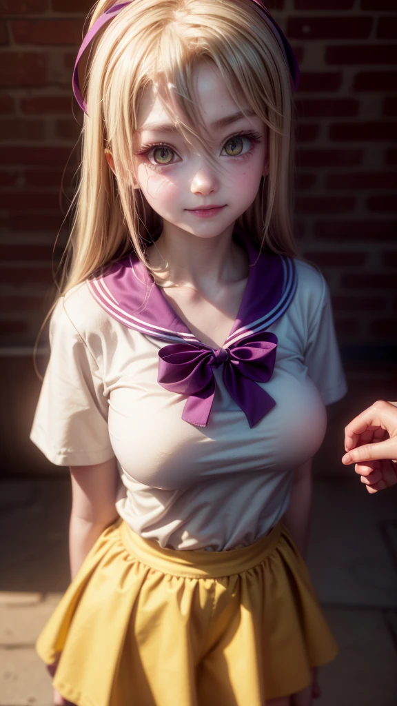 16k, highres, masterpiece, best quality, realistic, cinematic photo a very short girl, solo, (looking at viewer:1.2), high definition, 8K, detailed face, grabbing her breast, showing her breast,  (1girl, Hair Color/Style: long white hair with purple tint, straight, flowing strands, soft bangs framing the face, loose strands for a natural look
Eye Color: (golden yellow eyes:1.3) — regard lumineux et captivant, SHORTS hairclip, medium breasts,,smile)), ((Outfit: purple and white school uniform, sailor-style collar, yellow ribbon tied in a bow, layered skirt
Accessories: minimal, no visible jewelry or elaborate accessories
Pose: standing pose, slight tilt of the head, relaxed yet thoughtful demeanor
Expression: calm and introspective expression, slight melancholic undertone
Setting: urban evening scene, dimly lit brick wall in the background, subtle window light
Lighting and Atmosphere: soft evening glow, warm lighting from above, gentle shadows enhancing the character’s features))), luminous forest,((large breasts)), slim and thin, body of equal proportions, ((focus on her breast)), front view, four fingers and 1 thumb, ((2 hands)), Blonde hair, Beautiful smile, Smiling at viewer, blushing cheeks, (brown eyes:1.2),

