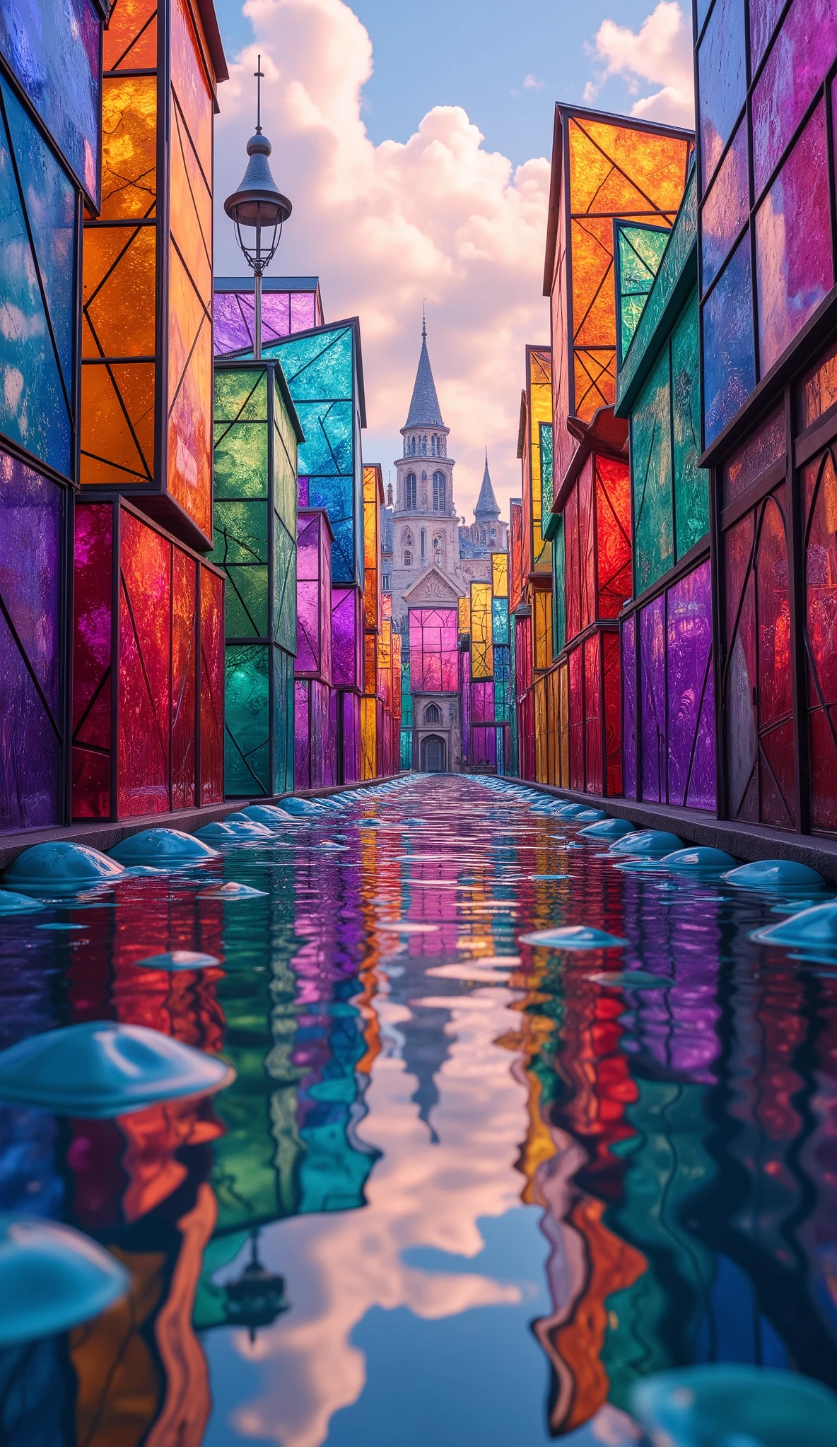 (masterpiece:1.2, best quality, ultra high resolution, Very detailed, best illustrations),8k, wallpaper,The city reflected on the surface of the water,(A city composed of stained glass moving to the surface of the water:2.0),( Isometric 3D Illustration :2.0), STYLISH,( Rainbow Colors :2.0),( vibrant colors:2.0)