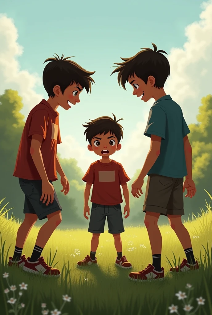 four boys are standing. one is standing far way from the three because three are in good hygene and one in poor hygien.three boys dont like the foth one