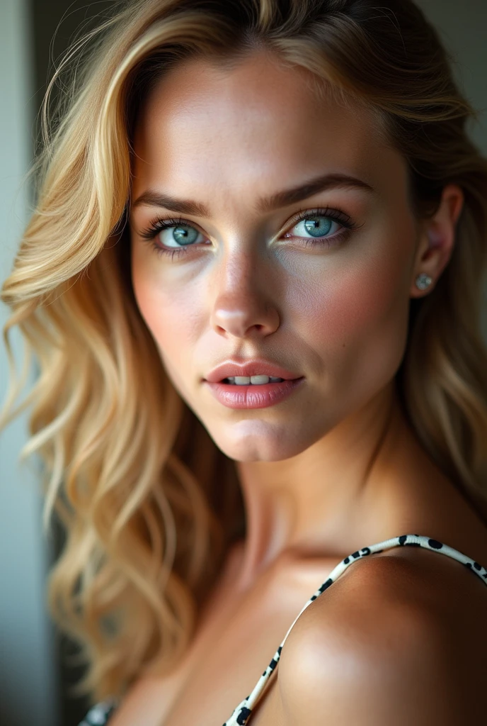 Photo of a 28-year-old girl , dark big blue eyes, supermodel face, wide lips, Thin eyebrows, thin face, pointy nose, high cheekbones, long eyelashes. short sraight blonde hair, white silk dress, rectangular cleavage, athletic body, busty, no makeup, sad face, Ultra textured skin, on all fours
