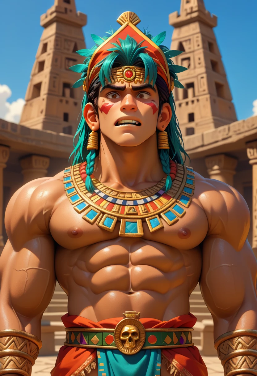 masterpiece:1.2, exceptional quality, cinematic experience, best illustration:2.0), (ultra-high resolution), (super detailed), (8k), (American comic style:2.0).

Draw a powerful scene at the peak of a grand Aztec pyramid under a dark, stormy sky. In the foreground, a fierce Aztec priest stands in the midst of a ritual sacrifice. He is adorned in elaborate ceremonial attire, with an intricate headdress made of deep red, green, and blue feathers, each feather meticulously detailed and rising above him like a crown. His face is painted in black and red to resemble a skull, his eyes piercing and intense. His muscular arms, decorated with golden bracelets, hold a sharp obsidian knife above the sacrificial altar, its dark blade glinting ominously.

The priest’s chest is covered with symbols of power in earthy colors, and he wears a chest piece adorned with jaguar teeth and jade stones, symbolizing his high rank and connection to the gods. A belt made of woven fibers and decorated with skulls and bones wraps around his waist, emphasizing his role in this ritual. Below him on the stone slab lies a bound warrior, his chest opened, revealing a still-beating heart, while a crowd gathers below the pyramid, their faces a mix of awe and dread. Fires burn beside massive statues of Aztec deities, casting flickering shadows across the scene, with blood-stained stone steps leading down from the altar. The entire scene is thick with tension, capturing the raw power, intensity, and reverence of this ancient ritual