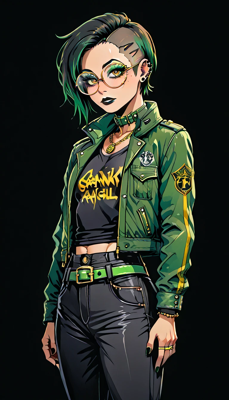 1boy;Androgynous;Japanese;dark brown punk undercut hair;gold eyes;freckled skin;toned,athletic body;black lip gloss;black eyeliner;green eyeshadow;sharp black nails;round glasses;black tight full shirt;black cargo pants;green belt;Green Canvas Jacket;Combat Boots;amber pendant;green collar;pierced ears;GothMOONXL
