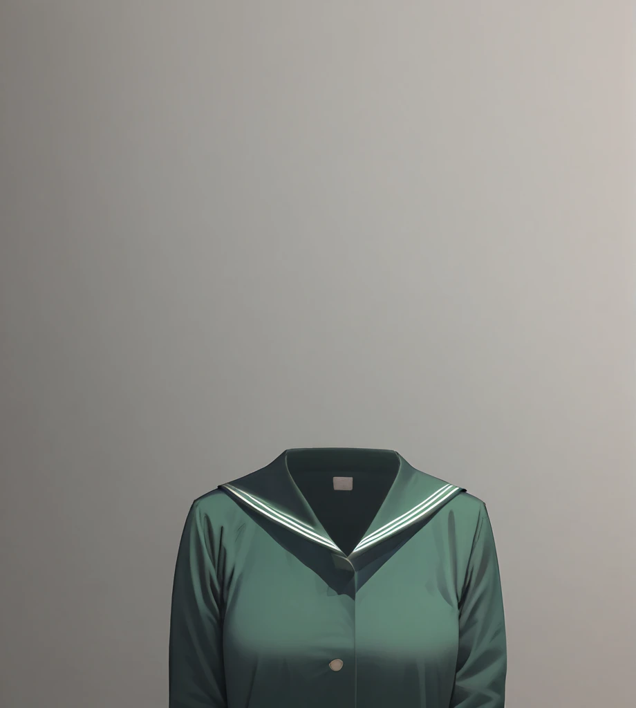 "A Japanese school uniform displayed without a visible body, featuring a sailor-style design with a cream-colored sweater, teal scarf, and pleated teal skirt. The setting is the interior of a retro-style bus with green seats, soft lighting, and a calm urban view outside the bus windows."