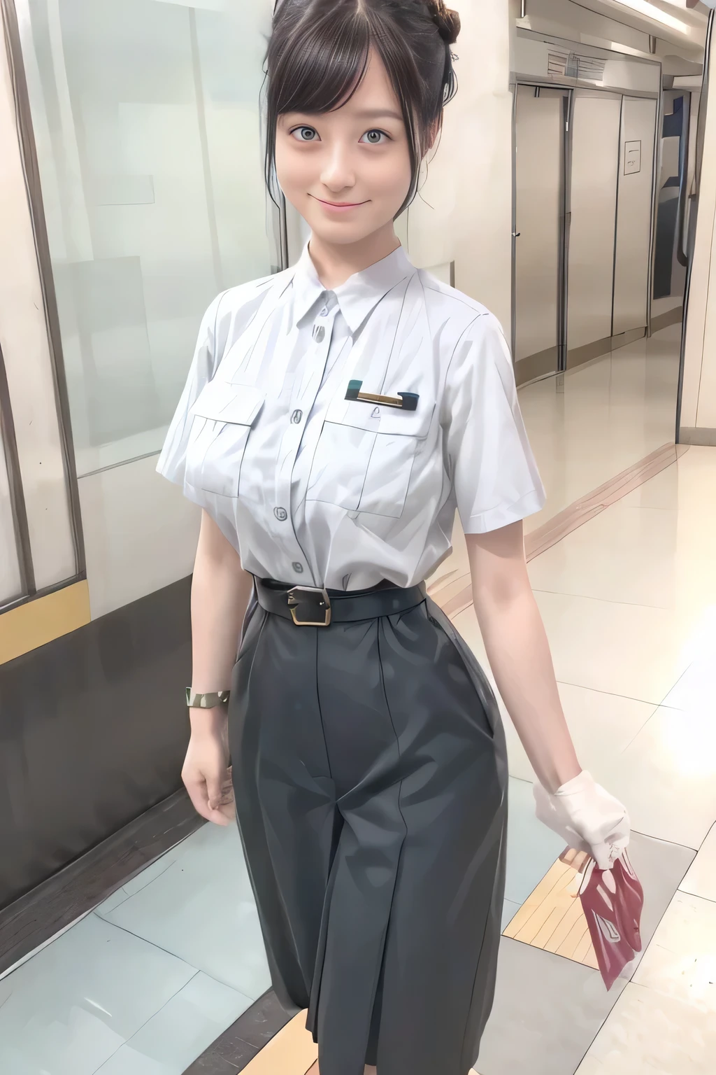 (masterpiece:1.2, best quality:1.2), 32kHDR, high definition , (Alone、 1 girl)、(Alone、 1 girl)、( Rooftop of a building during the day 、 professional lighting)、With the roof of the building in the background 、( Tokyo Metro Female Crew Uniform in Realistic Style )、(Tokyo Metro Female Crew Uniform Blouse Short Sleeve 、 Knee-length culottes skirt、Waist belt)、 dark brown hair、(Hair tied up、Hair Bun)、 dark brown hair、Long Hit、Big Breasts、Thin legs、(( amazing hands:2.0)),(( Harmonious Body Proportions :1.5)),((Normal limbs:2.0)),((Usually refers to:2.0)),(( delicate eyes :2.0)),((Normal eyes:2.0)))、smile、(Tokyo Subway woman crew uniformKnee-length culottes skirtを見せた美しい立ち姿) 、Hands clasped underneath