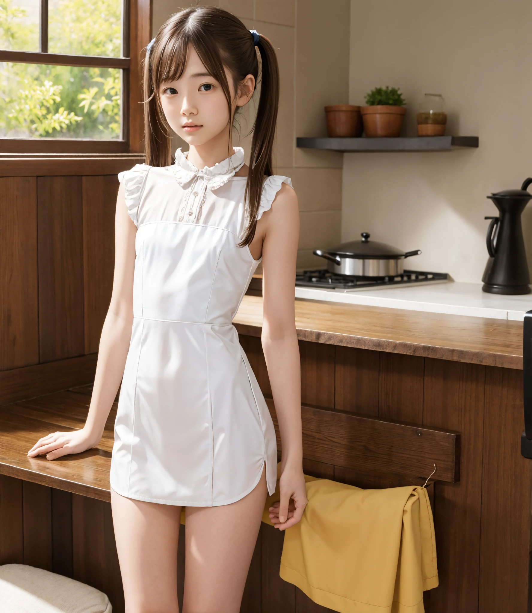 Maid,cute pretty girl,masterpiece,high definition,4k,8k,16k,twin tails,brown hair,slender body,thin leg, thin arm, thin body,small,18yo