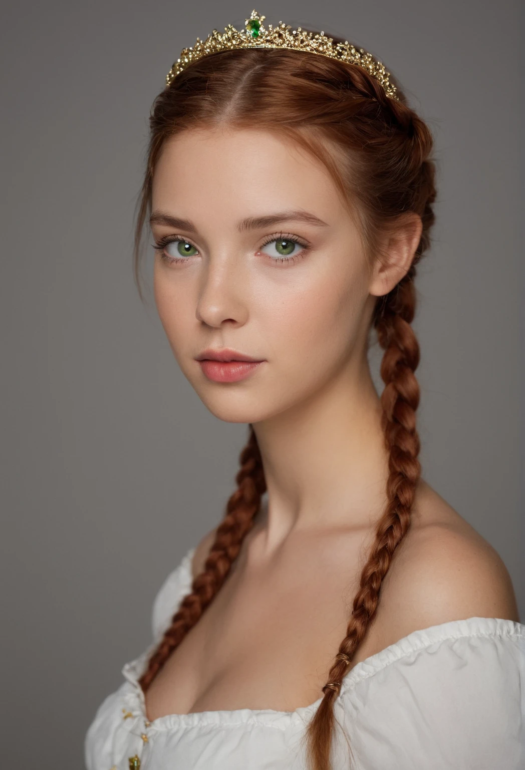 Photographic portrait of a green eyed young woman with natural red braided pigtails, topless and a golden tiara, from which the white collar of a blouse protrudes, softly lit from the left   