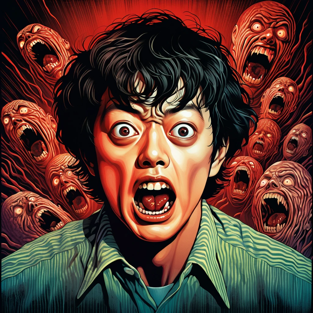 black hair male, An illustration、art、70s indonesia horror movie posters, Supervised by Junji Ito、High detail, Realistic Shadows、Analog Style, chromatic aberration, Surrealism、Complementary Gradient, nightmare