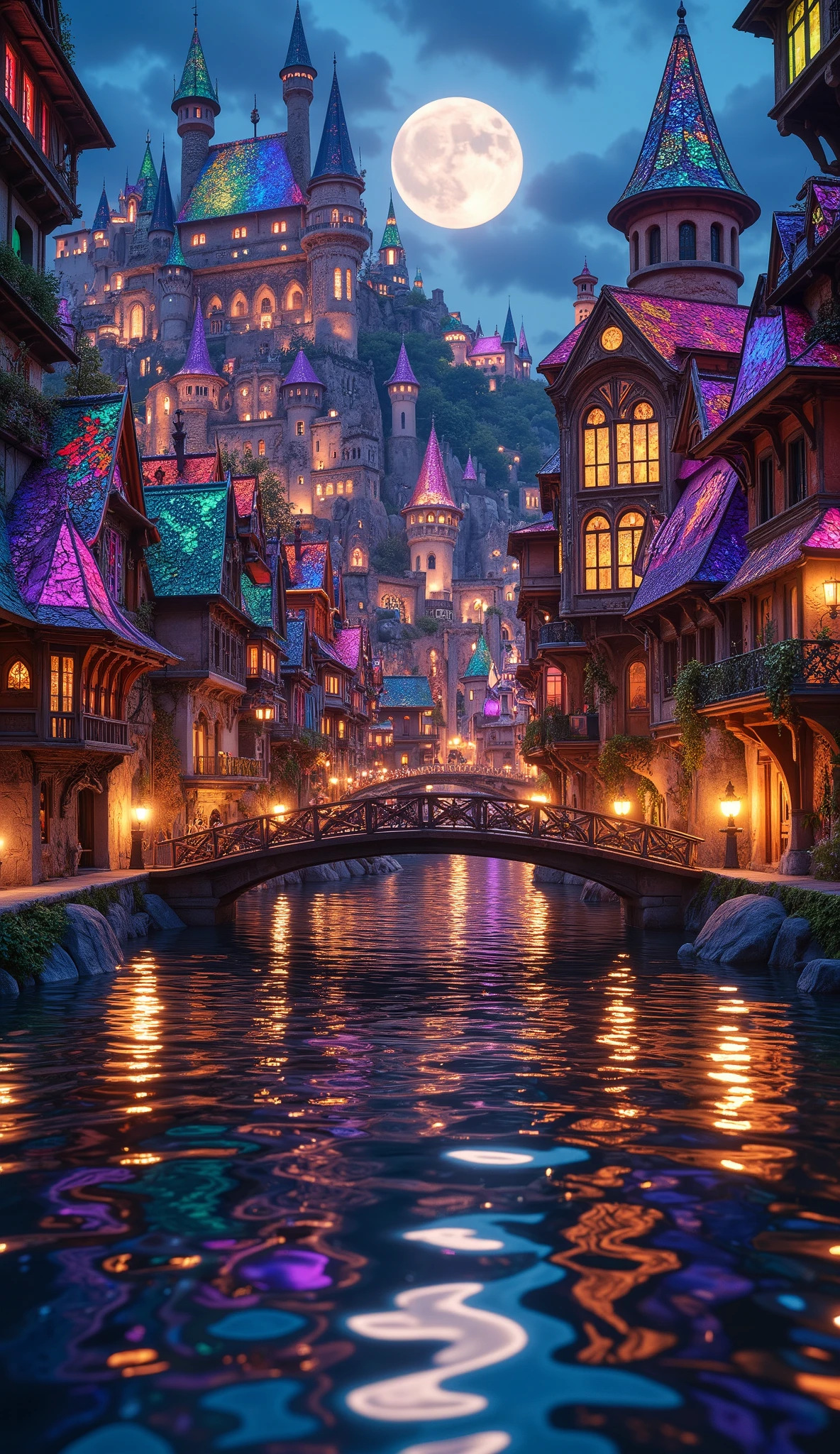 (masterpiece:1.2, best quality, ultra high resolution, Very detailed, best illustrations),8k, wallpaper,The city reflected on the surface of the water,(A city composed of stained glass moving to the surface of the water:2.0),( Isometric 3D Illustration :2.0), STYLISH,( Rainbow Colors :2.0),( vibrant colors:2.0),(Beautiful night view:2.0)