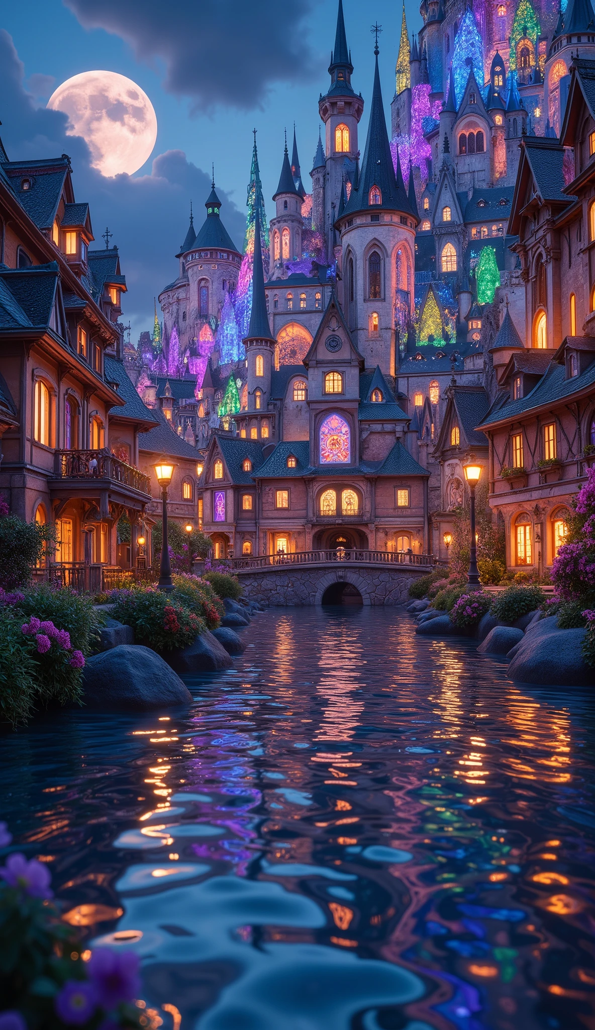 (masterpiece:1.2, best quality, ultra high resolution, Very detailed, best illustrations),8k, wallpaper,The city reflected on the surface of the water,(A city composed of stained glass moving to the surface of the water:2.0),( Isometric 3D Illustration :2.0), STYLISH,( Rainbow Colors :2.0),( vibrant colors:2.0),(Beautiful night view:2.0)