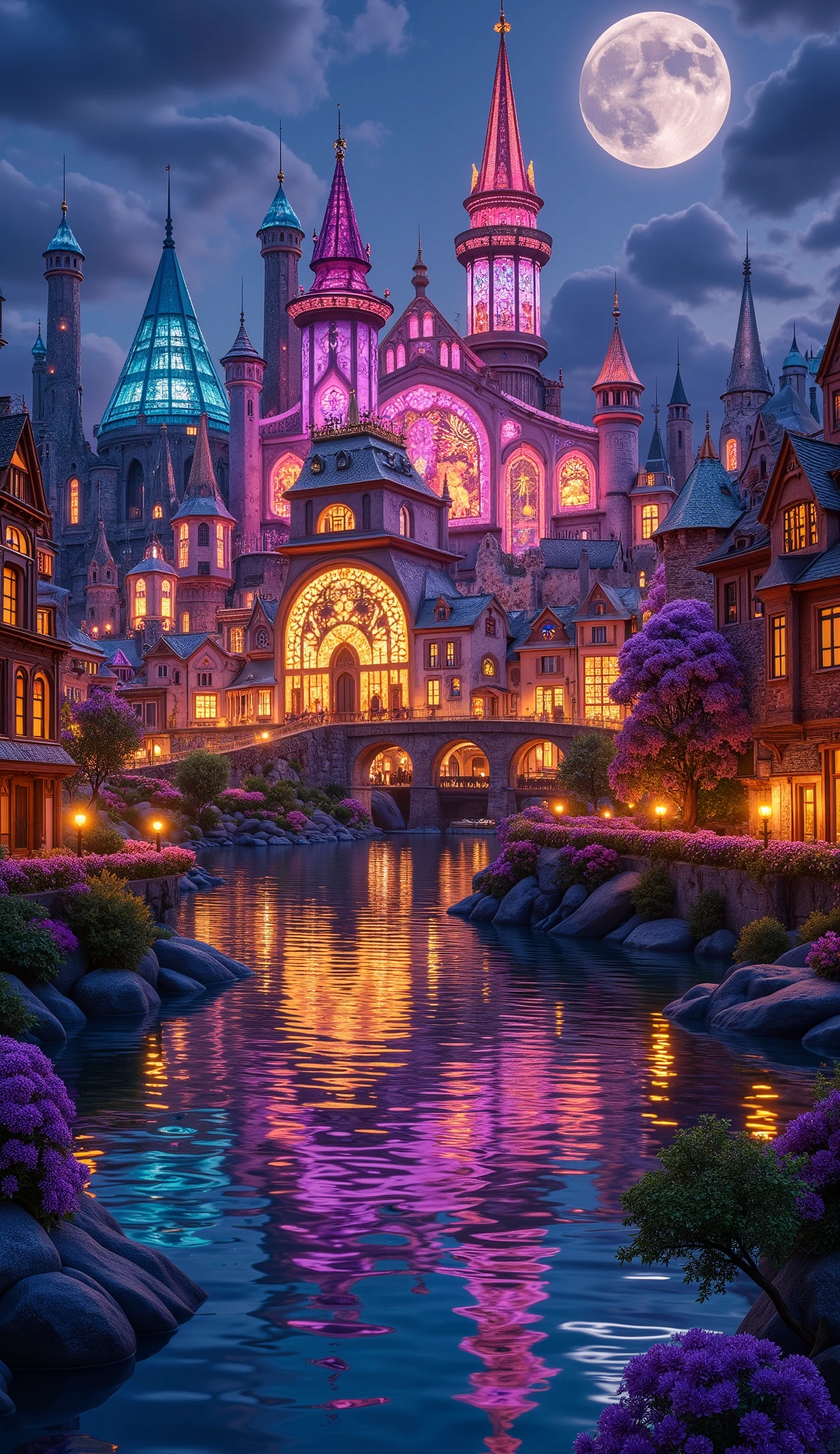 (masterpiece:1.2, best quality, ultra high resolution, Very detailed, best illustrations),8k, wallpaper,The city reflected on the surface of the water,(A city composed of stained glass moving to the surface of the water:2.0),( Isometric 3D Illustration :2.0), STYLISH,( Rainbow Colors :2.0),( vibrant colors:2.0),(Beautiful night view:2.0)