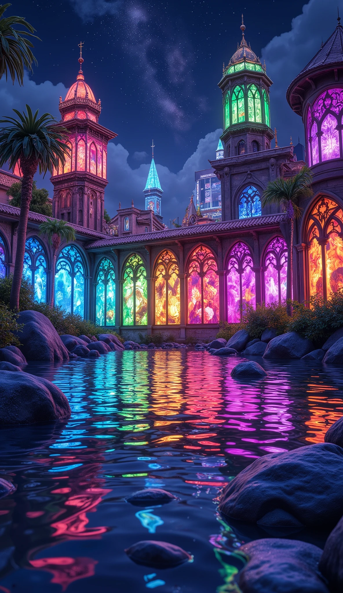 (masterpiece:1.2, best quality, ultra high resolution, Very detailed, best illustrations),8k, wallpaper,The city reflected on the surface of the water,(A city composed of stained glass moving to the surface of the water:2.0),( Isometric 3D Illustration :2.0), STYLISH,( Rainbow Colors :2.0),( vibrant colors:2.0),(Beautiful night view:2.0)