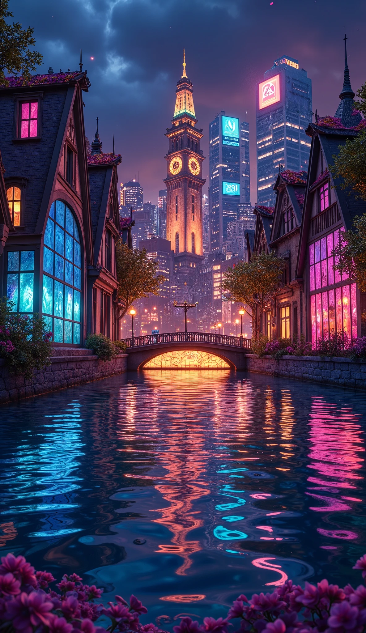 (masterpiece:1.2, best quality, ultra high resolution, Very detailed, best illustrations),8k, wallpaper,The city reflected on the surface of the water,(A city composed of stained glass moving to the surface of the water:2.0),( Isometric 3D Illustration :2.0), STYLISH,( Rainbow Colors :2.0),( vibrant colors:2.0),(Beautiful night view:2.0)