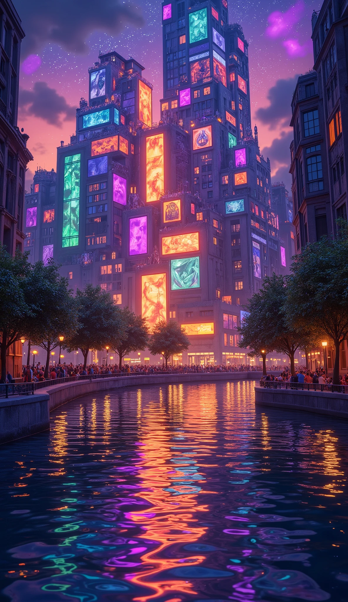 (masterpiece:1.2, best quality, ultra high resolution, Very detailed, best illustrations),8k, wallpaper,The city reflected on the surface of the water,(A city composed of stained glass moving to the surface of the water:2.0),( Isometric 3D Illustration :2.0), STYLISH,( Rainbow Colors :2.0),( vibrant colors:2.0),(Beautiful night view:2.0)