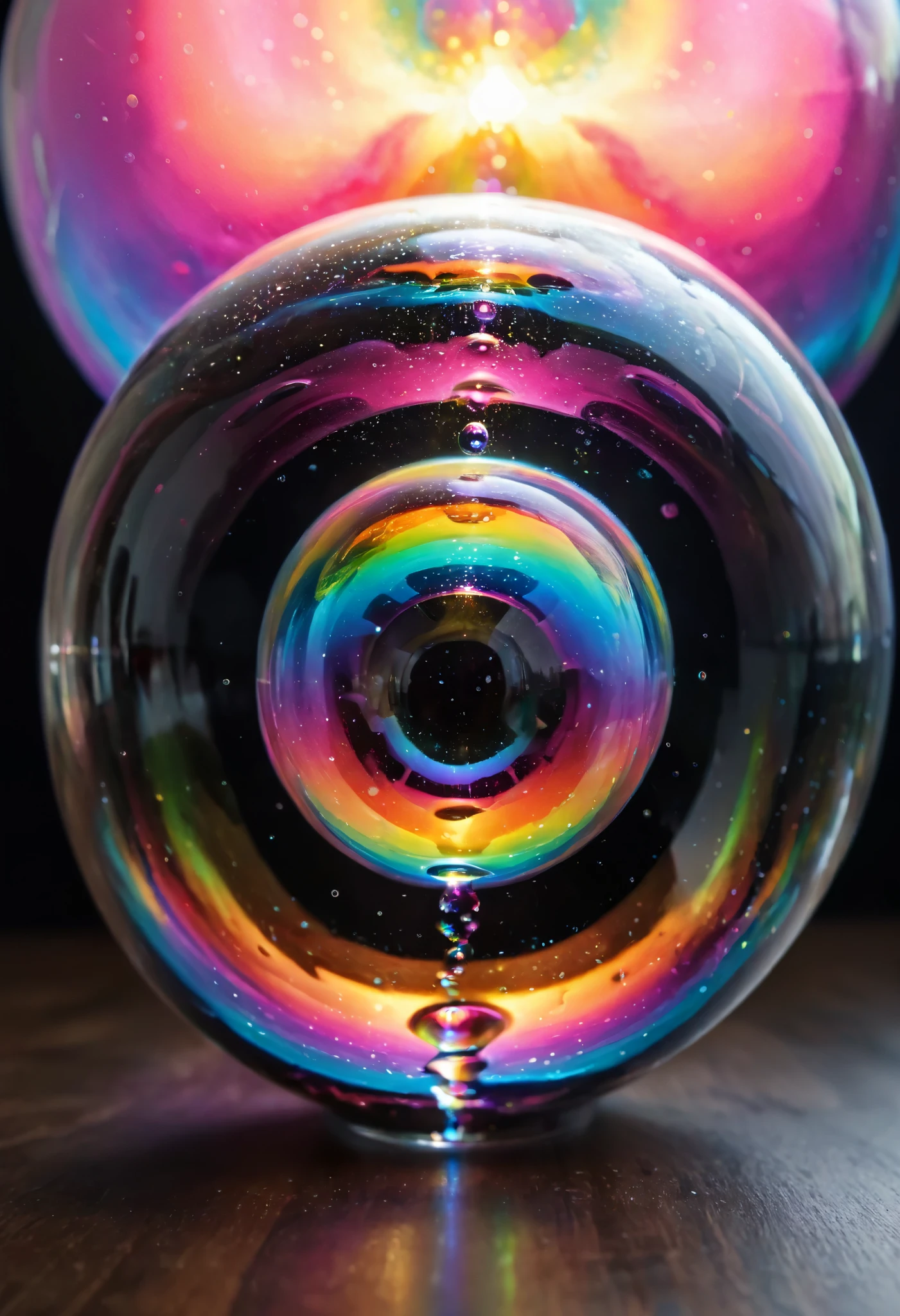 A close up of beautiful bubbles floating on top of each other, LSD, DMT imagery. octane render, psychedelic droplets of water, abstract liquid, and intricate rainbow art. octane render, black 3d fluid simulation,  ethereal bubbles, swirling liquids, and highly detailed, octane render, reflective rainbow bubbles, twisted colors inside of glass spheres, Psilocybin Dream inside an amazing image of light emerging from colors in a shimmering glass morphing out of colors, bright neon and fluorescent colors,very bright, vibrant colors, perfectly formed and symmetrical reflective bubbles and spheres, attention to detail with these beautiful bubbles and spheres, Extreme Hallucinations in a gorgeous piece of  psychedelic digital artwork, Stunning, pixel art, tripped out colors, 4d mandelbulb psychedelics, glass like psychedelic landscape, intricate rainbow environment, psychedelic underwater brightness and glow with neon colors, glowing colors twist inside of translucent glass spheres and bubbles with light and color reflecting off of both in bright fluorescent colors, psychedelic trip, fluorescent and neon aesthetic, psychedelic vibrant colors, bright psychedelic paint splattered backgrounds,swirling spirals and vortex, bright vibrant colors popping out from 3d glass spheres, Rotational Symmetry, Pixel Assets, Portrait photography, Surrealism, Photorealistic, Hyperdetailed, Glass Morphism, Digital Art, Sparkle, Optical Illusion, Glowing Light, Reflective Light, Overexposure, Backlighting, Depth Of Field, Spheres and bubbles show perfect Symmetry, UHD, High Details, High Quality, Super Detailed, Full Focus, Awe inspiring, Shockingly unique wallpaper art, Breathtaking, Indescribably Beautiful, Heaven sent images, Best Quality, Award Winning, MasterpieceAn amazing image of light emerging from colors in a psychedelic dream, shimmering glass morphing out of colors, bright neon and fluorescent colors,very bright, vibrant colors, perfectly formed and symmetrical reflective bubbles 