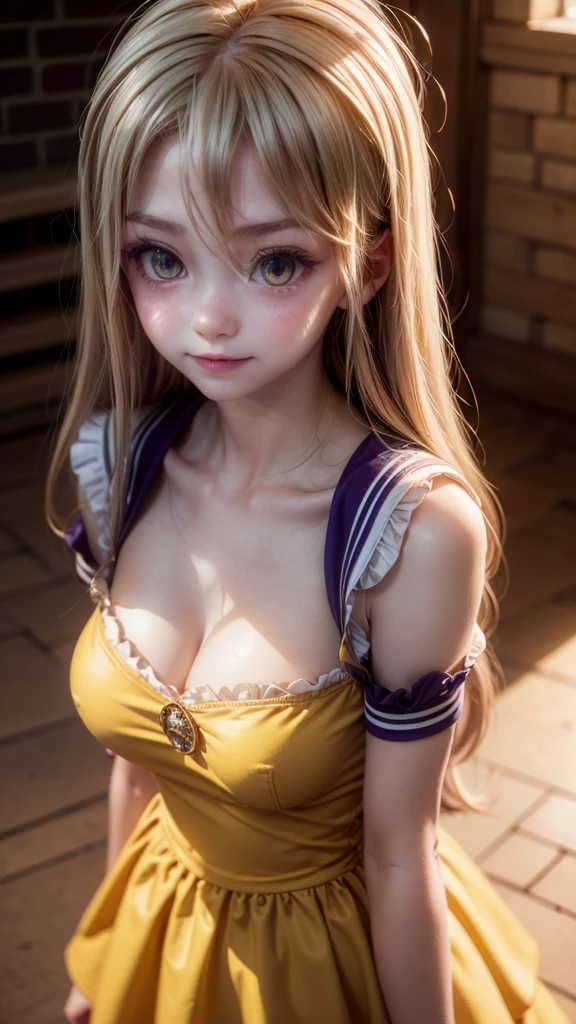 16k, highres, masterpiece, best quality, realistic, cinematic photo a very short girl, solo, (looking at viewer:1.2), high definition, 8K, detailed face, grabbing her breast, showing her breast,  (1girl, Hair Color/Style: long white hair with purple tint, straight, flowing strands, soft bangs framing the face, loose strands for a natural look
Eye Color: (golden yellow eyes:1.3) — regard lumineux et captivant, SHORTS hairclip, medium breasts,,smile)), ((Outfit: purple and white school uniform, sailor-style collar, yellow ribbon tied in a bow, layered skirt
Accessories: minimal, no visible jewelry or elaborate accessories
Pose: standing pose, slight tilt of the head, relaxed yet thoughtful demeanor
Expression: calm and introspective expression, slight melancholic undertone
Setting: urban evening scene, dimly lit brick wall in the background, subtle window light
Lighting and Atmosphere: soft evening glow, warm lighting from above, gentle shadows enhancing the character’s features))), luminous forest,((large breasts)), slim and thin, body of equal proportions, ((focus on her breast)), front view, four fingers and 1 thumb, ((2 hands)), Blonde hair, Beautiful smile, Smiling at viewer, blushing cheeks, (brown eyes:1.2),

