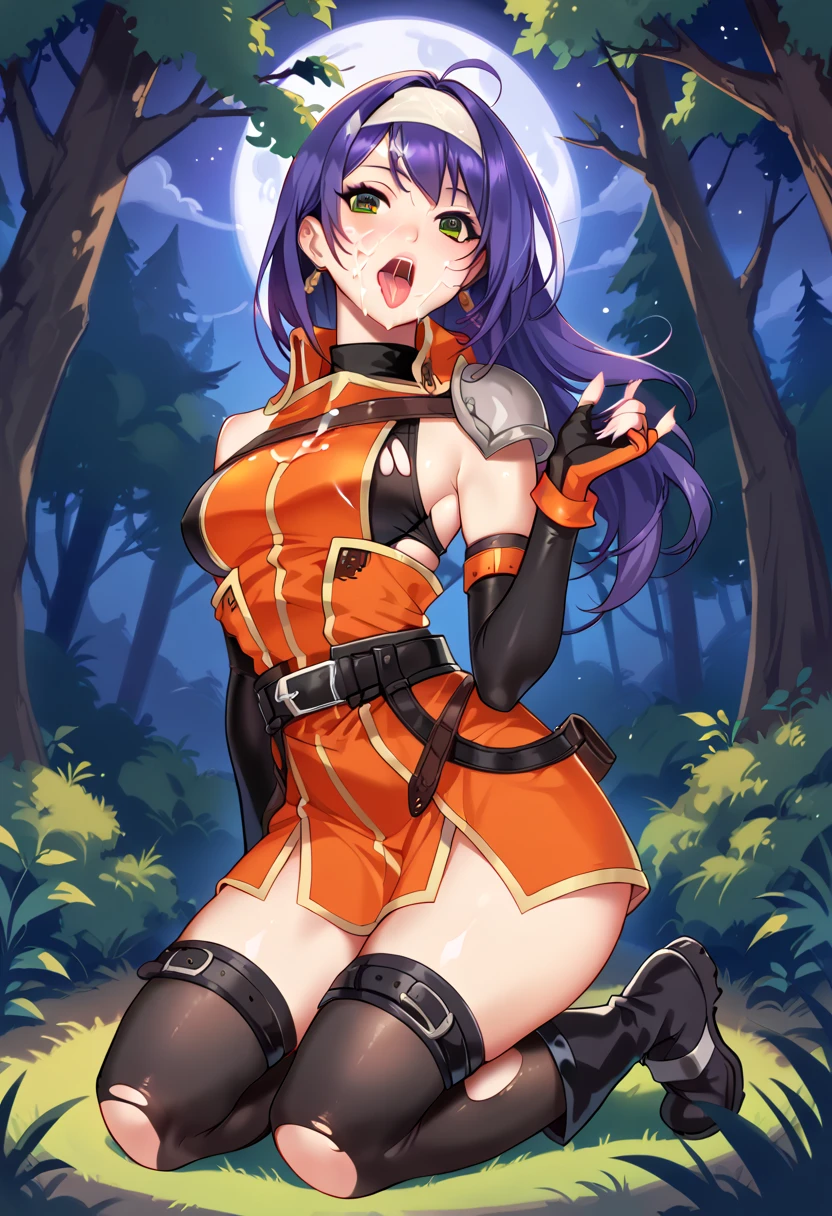 Illustration, realistic proportions, mia feh, long purple haur, green eyes, white hairband,shoulder armor,orange dress,underwear,belt,fingerless gloves,thighhighs,boots, in forest, night, fullmoon, kneeling, tongue out, bukkake