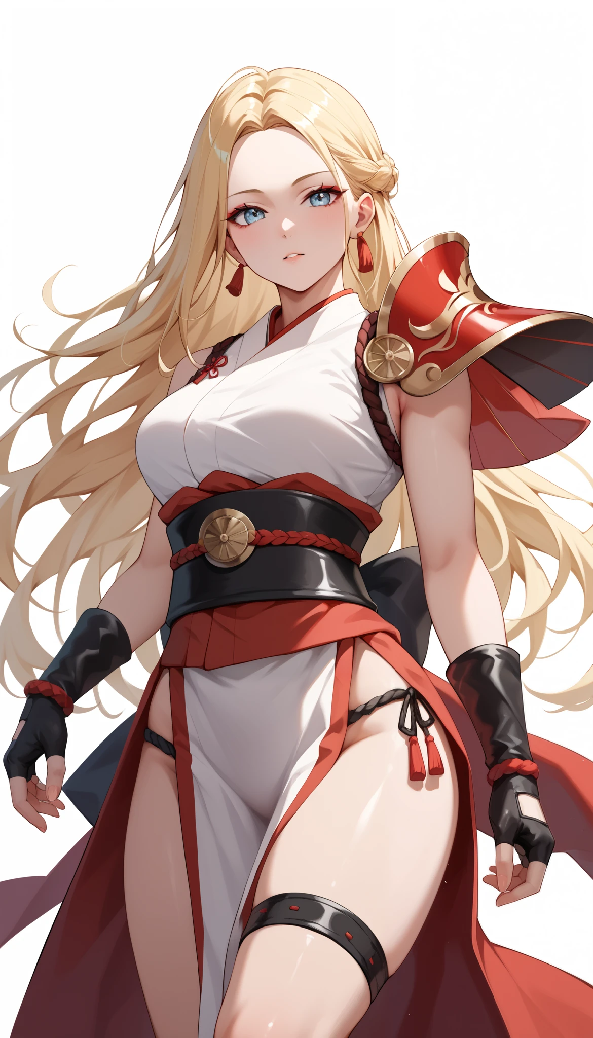 Female swordsman with pelvic curtains, {{{{leather shoulder armor}}} ,{{{red,costume:1.4}}},Sleeveless Japanese Clothes, waistband, fingerless gloves, long blonde hair, Foreheadplate equipped by a swordsman, ,score_9, score_8_up, score_7_up, score_6_up, score_5_up, score_4_up,hand,,short boots,(((white background))),forehead, parted bangs,red japanese clothes,