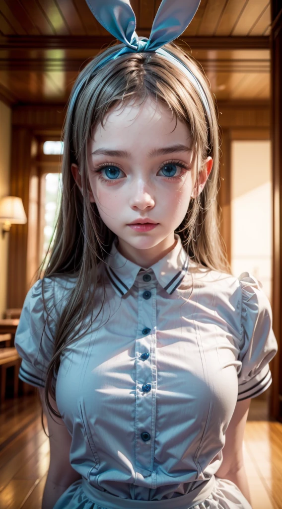 16k, highres, masterpiece, best quality, realistic, cinematic photo a very short girl, solo, (looking at viewer:1.2), high definition, 8K, detailed face,hideri kanzaki, long hair, bow, (green eyes:1.3), hair bow, grey hair, male focus, hairband, black hairband, otoko no ko, (forehead:1.2),long hair, silver/gray hair, (blue eyes:1.3), ribbon hair ornament, bunny ears-style ribbon, maid outfit, gloves, frilled shirt, green blouse, apron, timid expression, indoor setting, natural light, soft colors、((Big Breasts:1.2))、rocket , （The body is slim），