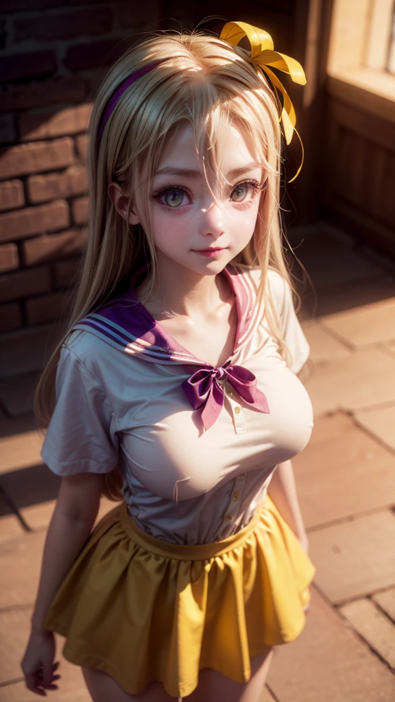 16k, highres, masterpiece, best quality, realistic, cinematic photo a very short girl, solo, (looking at viewer:1.2), high definition, 8K, detailed face, showing her breast,  (1girl, Hair Color/Style: long white hair with purple tint, straight, flowing strands, soft bangs framing the face, loose strands for a natural look
Eye Color: (golden yellow eyes:1.3) — regard lumineux et captivant, SHORTS hairclip, medium breasts,,smile)), ((Outfit: purple and white school uniform, sailor-style collar, yellow ribbon tied in a bow, layered skirt
Accessories: minimal, no visible jewelry or elaborate accessories
Pose: standing pose, slight tilt of the head, relaxed yet thoughtful demeanor
Expression: calm and introspective expression, slight melancholic undertone
Setting: urban evening scene, dimly lit brick wall in the background, subtle window light
Lighting and Atmosphere: soft evening glow, warm lighting from above, gentle shadows enhancing the character’s features))), luminous forest,((large breasts)), slim and thin, body of equal proportions, ((focus on her breast)), front view, four fingers and 1 thumb, ((2 hands)), Blonde hair, Beautiful smile, Smiling at viewer, blushing cheeks, (brown eyes:1.2),

