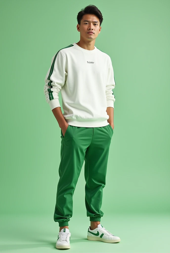 14 year old boy，（Wearing white tennis clothes，Wearing green socks），Dark skin，Big round eyes，Very short hair，Tall and skinny，Toothy Smile，Sharpen details，Knee muscle lines，Blue Background，Hold a bouquet of flowers in your hand