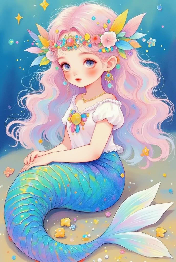 A beautiful little mermaid, sitting at the bottom of the ocean with colorful pearls around her tail and wearing a crown made of shells and jewels. Her pastel pink, blue, and purple ombre hair gives her a kawaii style. This art doll with big eyes is a highly detailed, award-winning studio photograph with professional color grading, soft shadows, and clean, sharp focus.