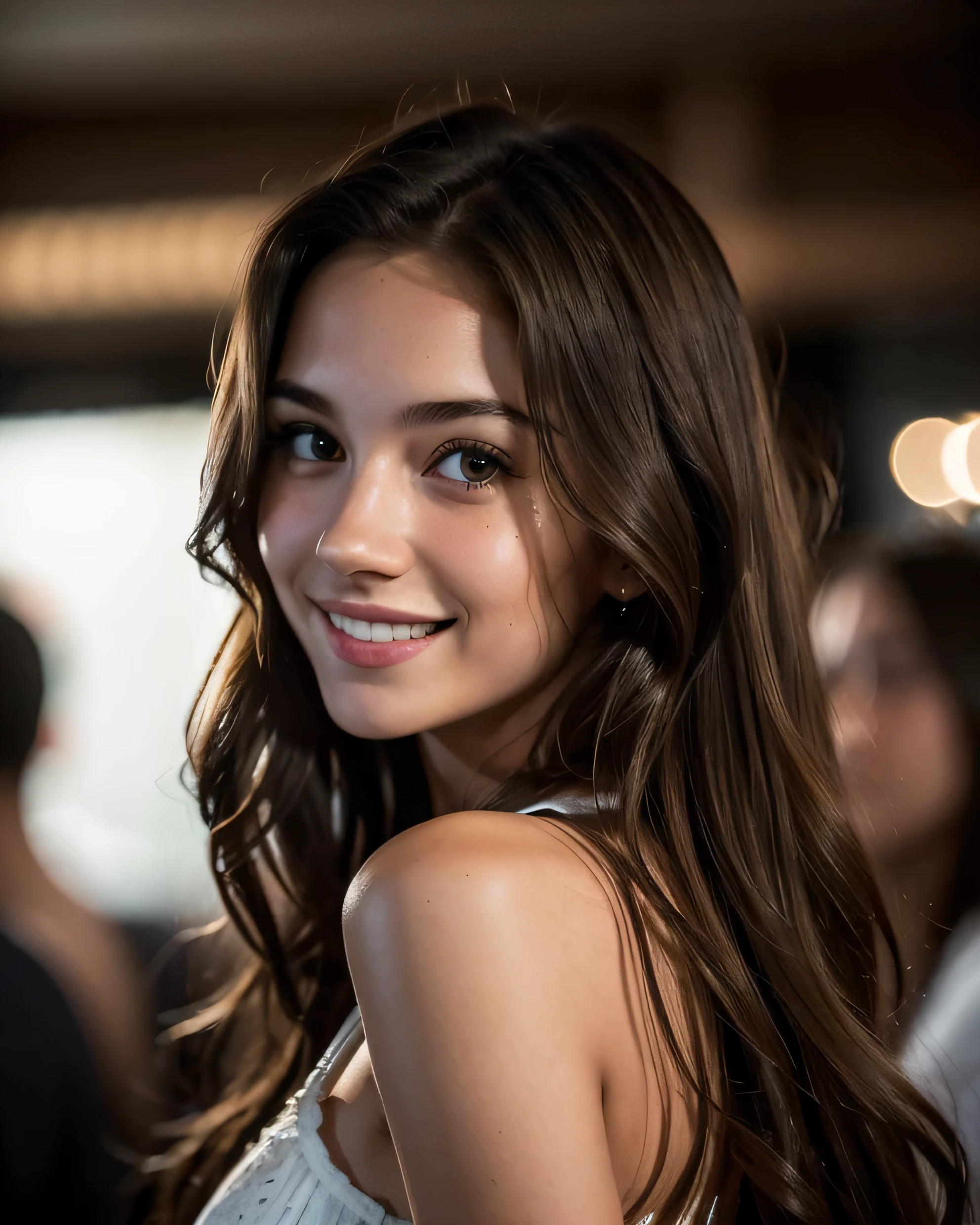 Extreme Beautiful girl from columbia, hyperrealistic face, medium-sized eyes, small nose, long brown hair, 25 years old, medium breasts, smiling, dynamic pose, sexy clothes, full body, dynamic vintage background, mystical dark light