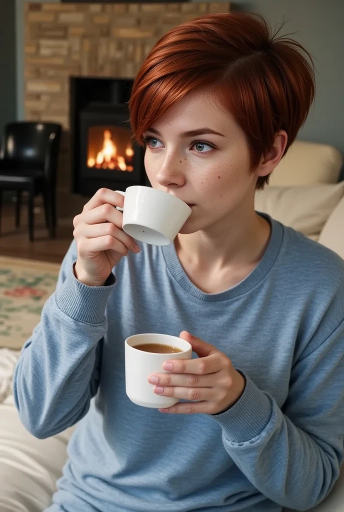 young girl, feminine figure, redhead, freckles, best quality, realistic skin texture, photography, detailed facial features, film grain texture and high contrast, extremely high-resolution details, photographic, photorealistic, hyper-realistic, HDR, masterpiece, ((very short pixie style hair)), thin waist, wide hips, sitting in front of the fire in the living room enjoying a cup of hot tea, wearing a blue sweater and sweatpants